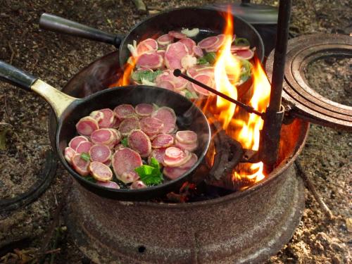 a pan of meat cooking on a grill with flames at STF Nyrups Naturhotell in Höör