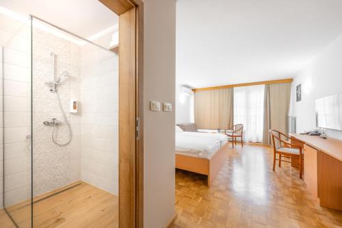 a bathroom with a shower and a bed in a room at Terme Banovci - Hotelsko naselje Zeleni gaj in Banovci