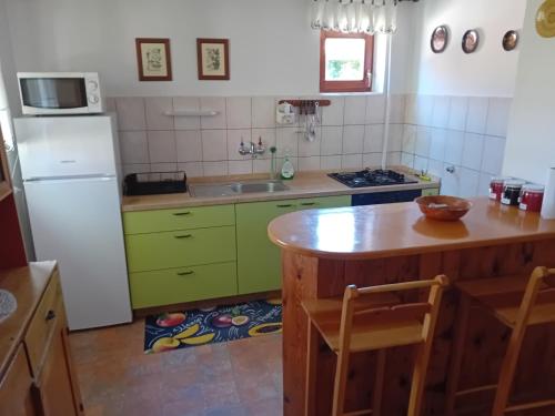 a kitchen with green cabinets and a white refrigerator at Bakina kućica - Grandma's cottage in Gospić