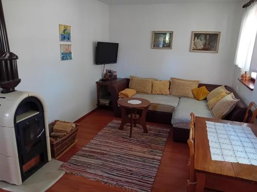 a living room with a couch and a fireplace at Bakina kućica - Grandma's cottage in Gospić