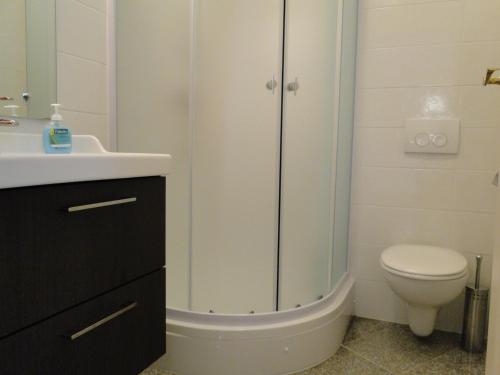 a bathroom with a shower and a toilet and a sink at Villa Ester in Umag