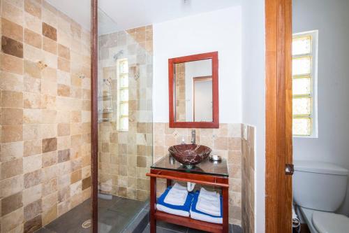 a bathroom with a sink and a toilet and a mirror at Touch of Class Villa - A Caribbean Beachfront Home villa in Savannah Sound