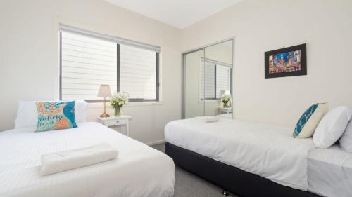 two beds in a room with two windows at Summit to Sea in Kiama