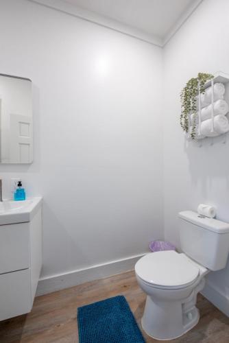 a bathroom with a white toilet and a blue rug at Laughing Bird 2BR #5 - Brand New Stylish Apartment, Pool and Bea condo in Colebrooke Dale