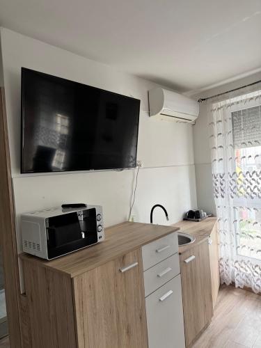 a kitchen with a microwave and a tv on the wall at Platinum Guesthouse in Szeged
