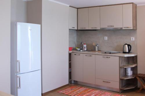 帕莫瑞的住宿－Beach Apartment MELINA，厨房配有白色橱柜和冰箱。