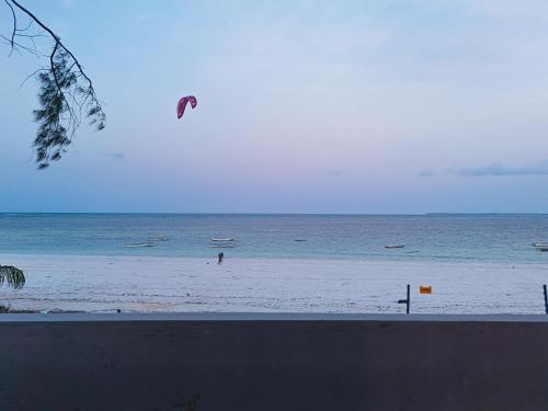 a person is flying a kite on the beach at 2BR Beachfront Apartment with Balcony & Sea Views - Uroa, Zanzibar in Uroa