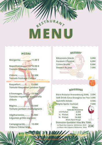 a menu for a restaurant with palm trees at Camping du lac in Saint-Julien-du-Verdon