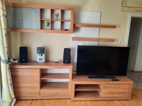 a wooden entertainment center with a television and speakers at Ferienwohnung und Monteure in Lauterbach Hessen 