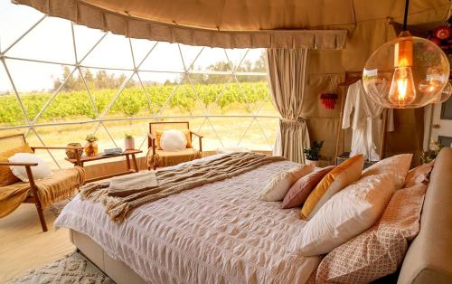 a bedroom with a large bed and a large window at Bespoke Dome Perfect for a Couples Getaway in Tasmania in Sidmouth