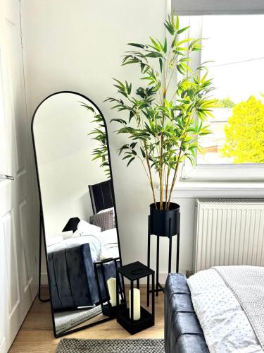 a mirror and a couch in a bedroom at Newtown Hideaway in Boʼness