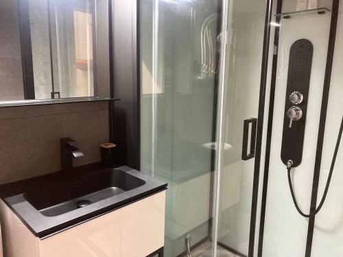 a bathroom with a sink and a shower at Studio terrasse in Middelkerke