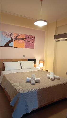 a bedroom with a large bed with towels on it at GK Apartment in Kalavrita