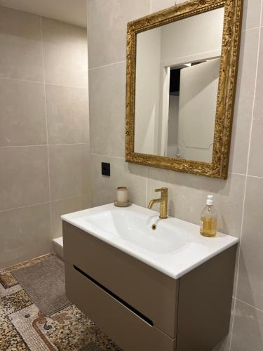 een badkamer met een witte wastafel en een spiegel bij Appartement chic et de caractère ! in Saint-Cyr-au-Mont-dʼOr