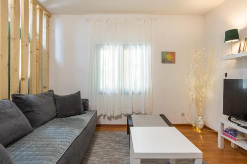 a living room with a gray couch and a tv at Vikendica WoodNook Kosmaj - Šumski kutak in Sopot