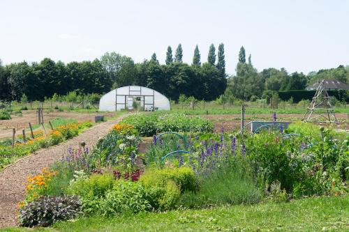 a garden with flowers and a greenhouse in the background at Combe Grove Health and Wellness in Bath