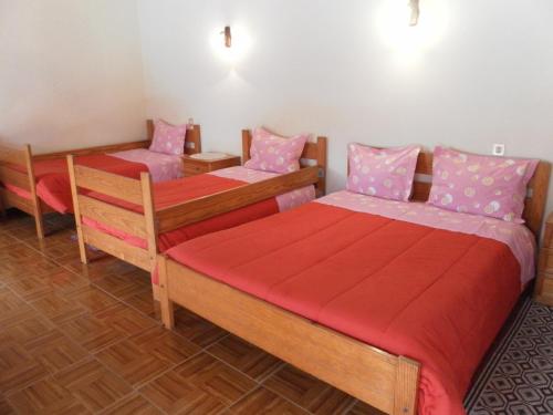 two beds in a room with pink pillows on them at Residencial Pinho Verde in Mealhada