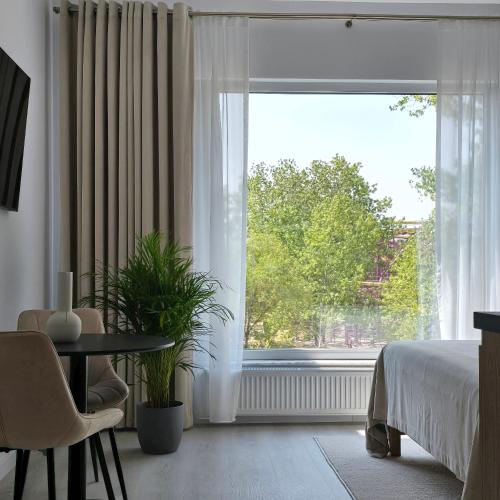 a bedroom with a bed and a large window at Studio Tabacariei 5A in Tăbăcărie