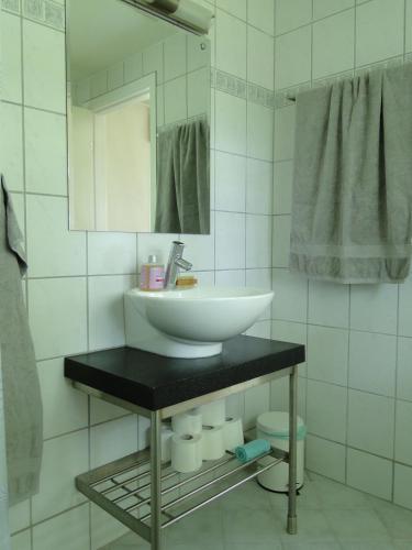 a bathroom with a sink and a mirror at Dyssegaard Holiday Apartment in Skallerup