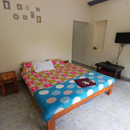 a small bedroom with a bed with a colorful bedspread at Disha Villa in Alibag