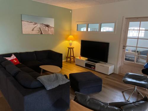 a living room with a couch and a flat screen tv at Højmosegård HEMS in Varde