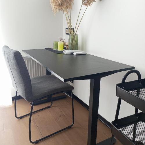 a black table with a chair and a vase at New apartment near the PALM tree in Uzhhorod