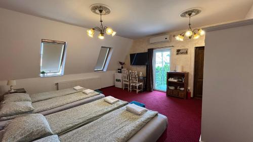 a bedroom with two beds and a tv in it at Pannónia Rooms and Apartments in Satu Mare