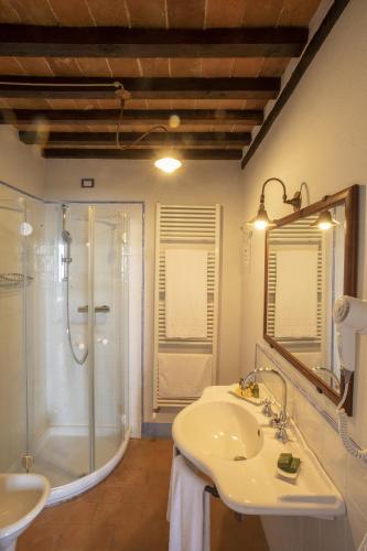 a bathroom with a shower and a sink and a mirror at Cortona Resort-Le Terre Dei Cavalieri in Cortona
