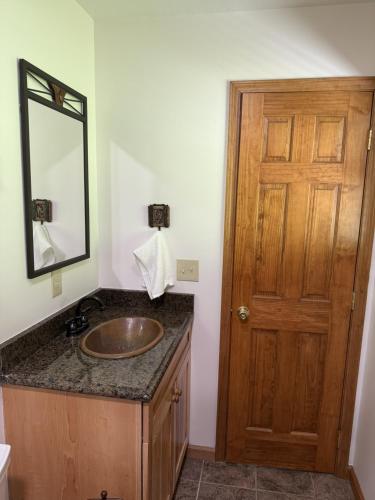 a bathroom with a sink and a wooden door at Shuler Farm in Robbinsville