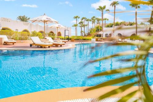 ein großer Swimmingpool mit Stühlen und Palmen in der Unterkunft Stanza Luna, Domina Coral Bay, Prestige hotel in Sharm El Sheikh