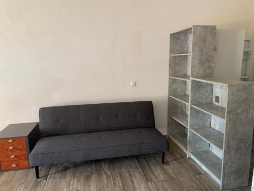 a couch in a room with a book shelf at WG Riedau in Riedau