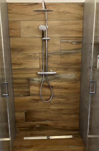 a shower in a bathroom with a wooden wall at Ferien im Kühbergstadl in Bischofsmais