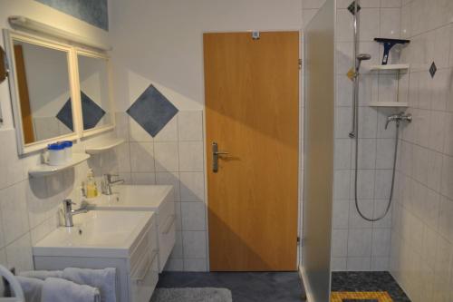 a bathroom with a shower and a sink and a shower door at Ferienwohnung Seebauer in Ramspau