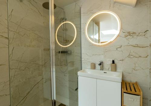 une salle de bain avec lavabo et douche dans l'établissement Cocon Dacquois, à Dax