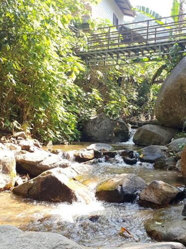 a stream of water with rocks and a bridge at บ้านป้อหลวงแม่หลวง แม่กำปอง Baanporluangmaeluang Maekampong in Chiang Mai