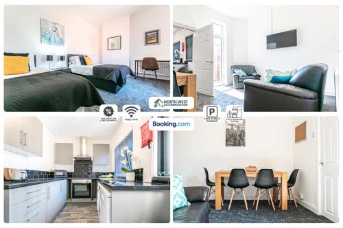 a collage of photos of a bedroom and a living room at Severn Street House Serviced Accommodation in Leigh