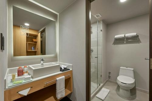 a bathroom with a sink and a toilet and a shower at City Express Plus by Marriott Cancun Aeropuerto Riviera in Cancún