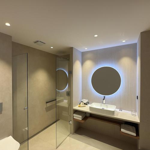 a bathroom with a sink and a mirror at Hotel Restaurant L'Ami Fritz in Ottrott