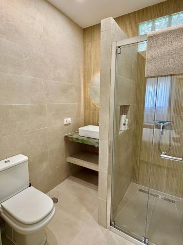 a bathroom with a toilet and a shower at Olas de Conil in Conil de la Frontera