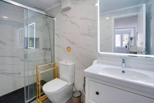 a bathroom with a toilet and a sink and a shower at Compact Chiado Spacious and Exceptional in Lisbon in Lisbon