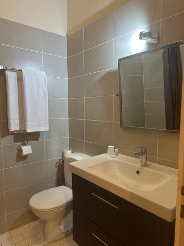 a bathroom with a sink and a toilet and a mirror at Hotel Azur in Lyon