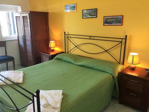 a bedroom with a bed with a green bedspread at Hotel Ortensia in Ponza