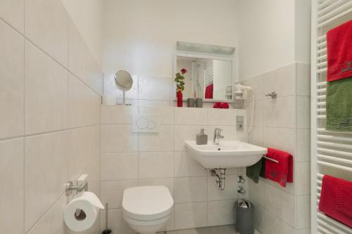 a white bathroom with a toilet and a sink at Landhaus Christophorus in Forbach