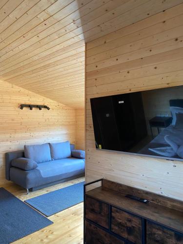 a living room with a couch and a flat screen tv at Bungalouri Olanesti in Băile Olăneşti