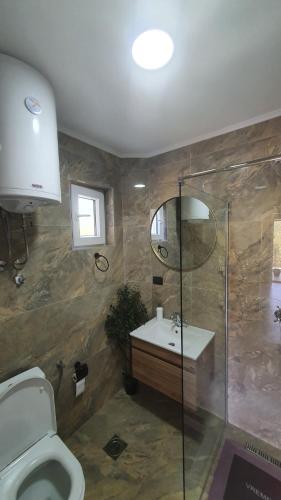 a bathroom with a toilet and a sink and a shower at Apartmani Drinske ploce in Bajina Bašta