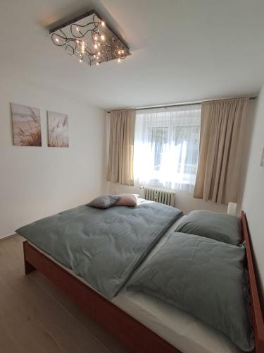 a bedroom with a large bed and a chandelier at Apartmán Dukla in Pardubice