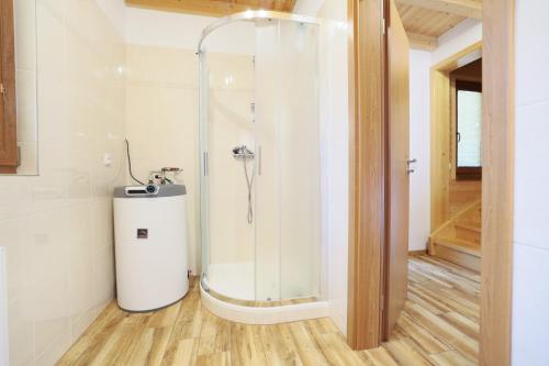 a shower stall in a bathroom with a wooden floor at Kovarov26 in Frymburk