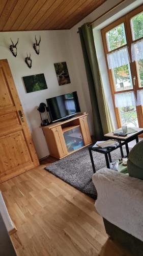 a living room with a couch and a tv at Ferienwohnung Osser Woid in Lohberg