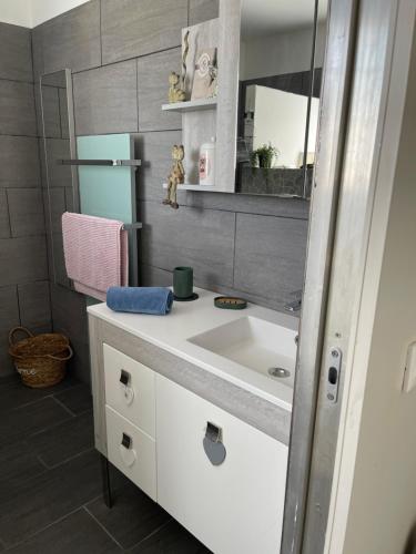 a bathroom with a white sink and a mirror at Entre les pins et les oliviers in Bormes-les-Mimosas