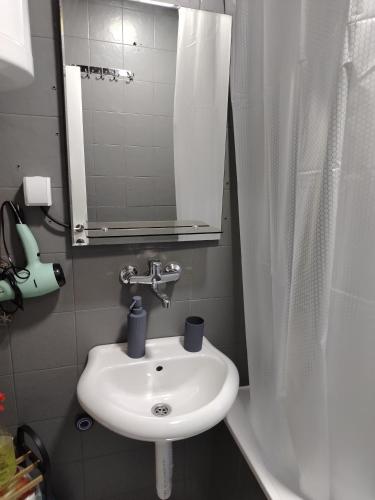 a bathroom with a white sink and a mirror at Apartman Zdravković in Leskovac